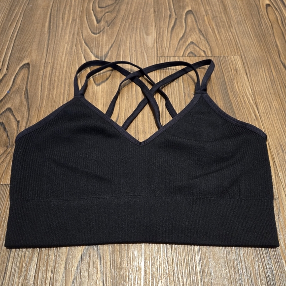 Aerie Seamless Strappy Bralette Ribbed Black Sports Bra Gym Yoga Barre Run XL - Picture 2 of 8